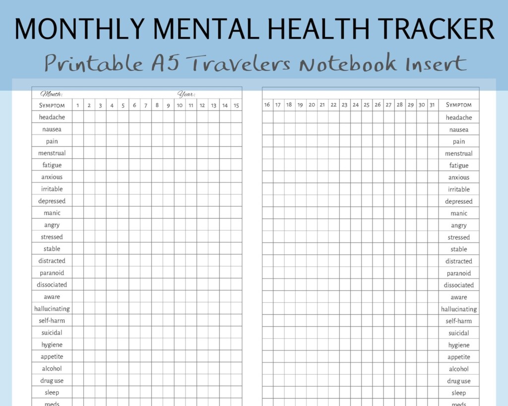 PRINTABLE A5 Booklet Monthly Symptom Mood Medication Anxiety Depression 