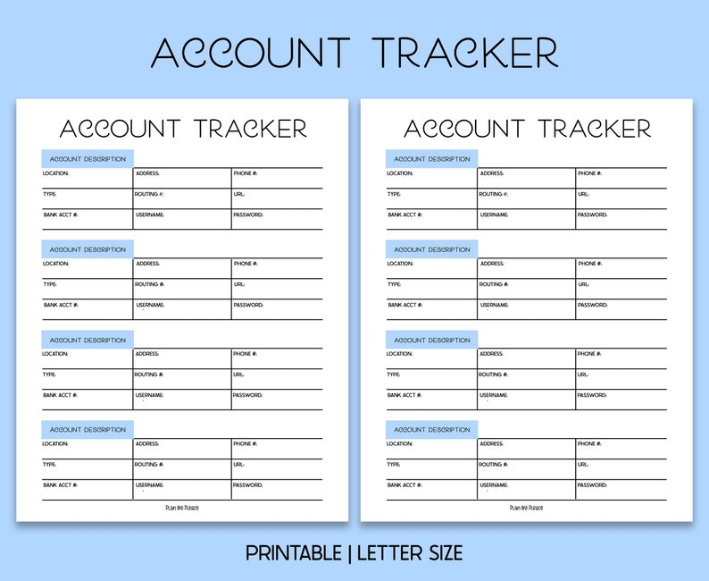 Printable Account Tracker Bank Account Log A4 8 5x11 Sky Etsy