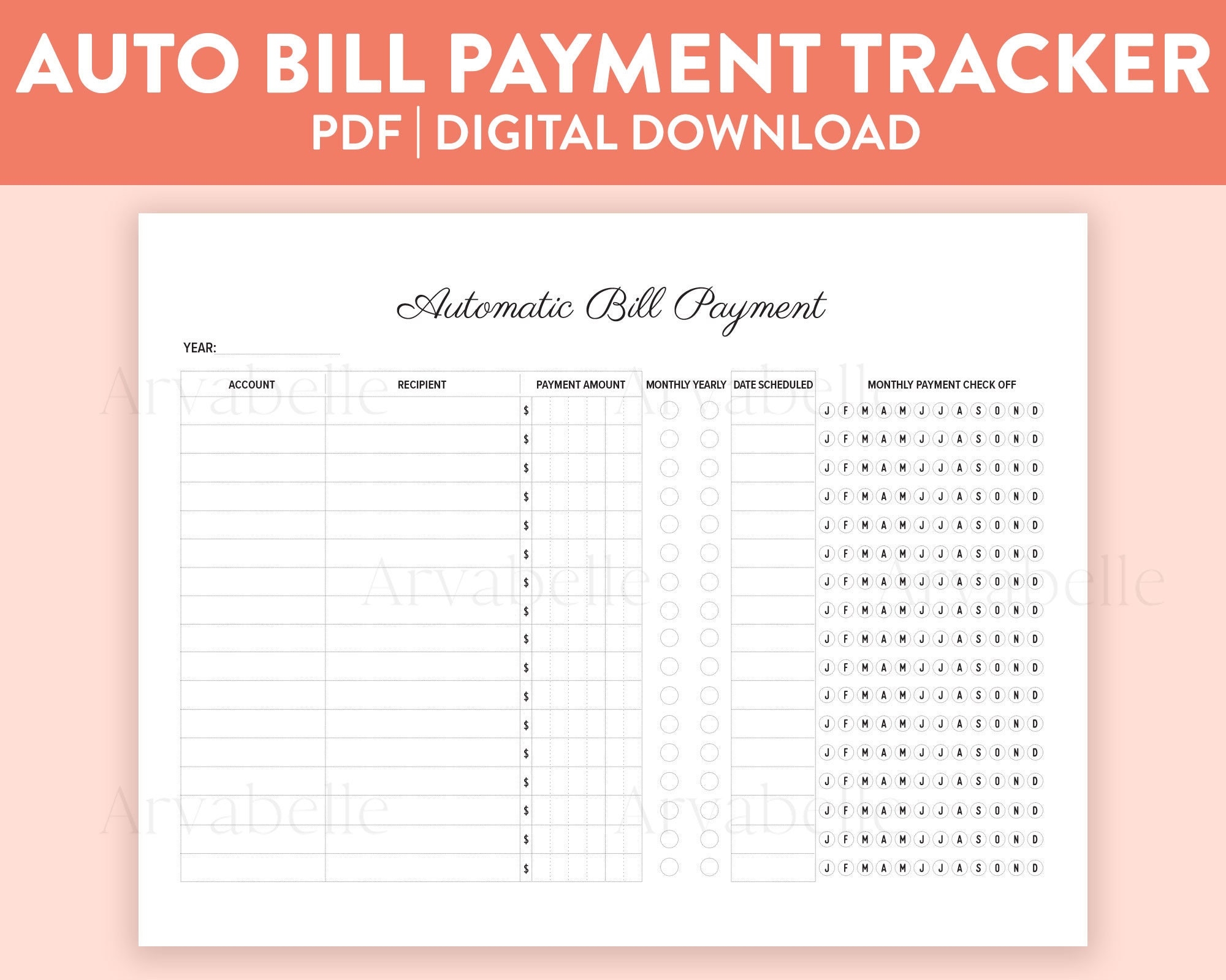 Printable Automatic Bill Payment Tracker Digital Download PDF