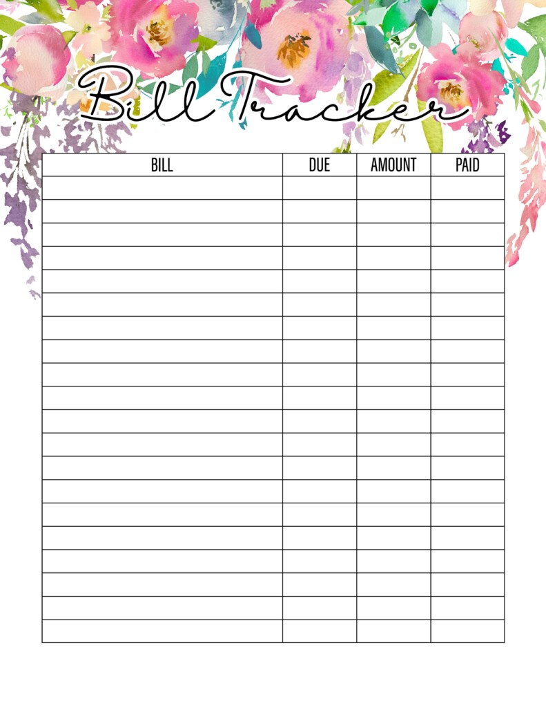 Printable Bill Organizer