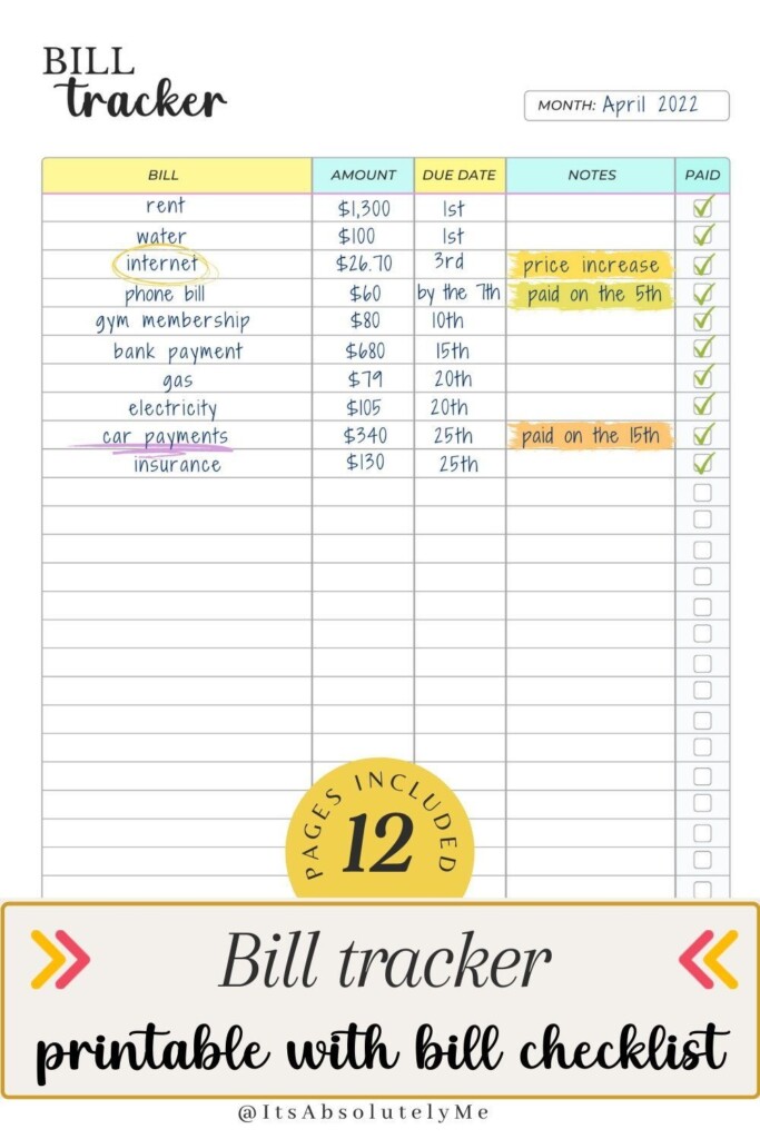  PRINTABLE BILL TRACKER WITH COLOR VARIATIONS This Monthly Bill 