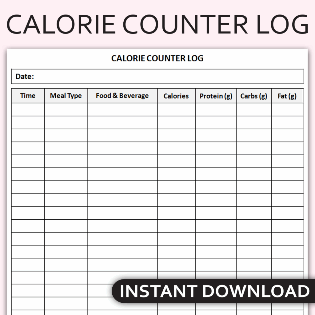 Printable Calorie Counter Log Daily Food Intake Tracker Nutrition 