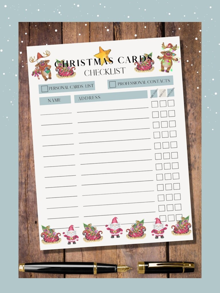 Printable Christmas Card Tracker List Fun Reindeer And Father Christmas 