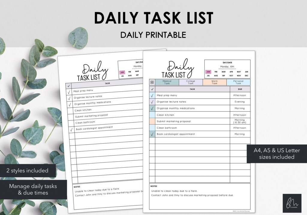 Printable Daily Task List Track Daily Tasks Productivity Etsy Canada