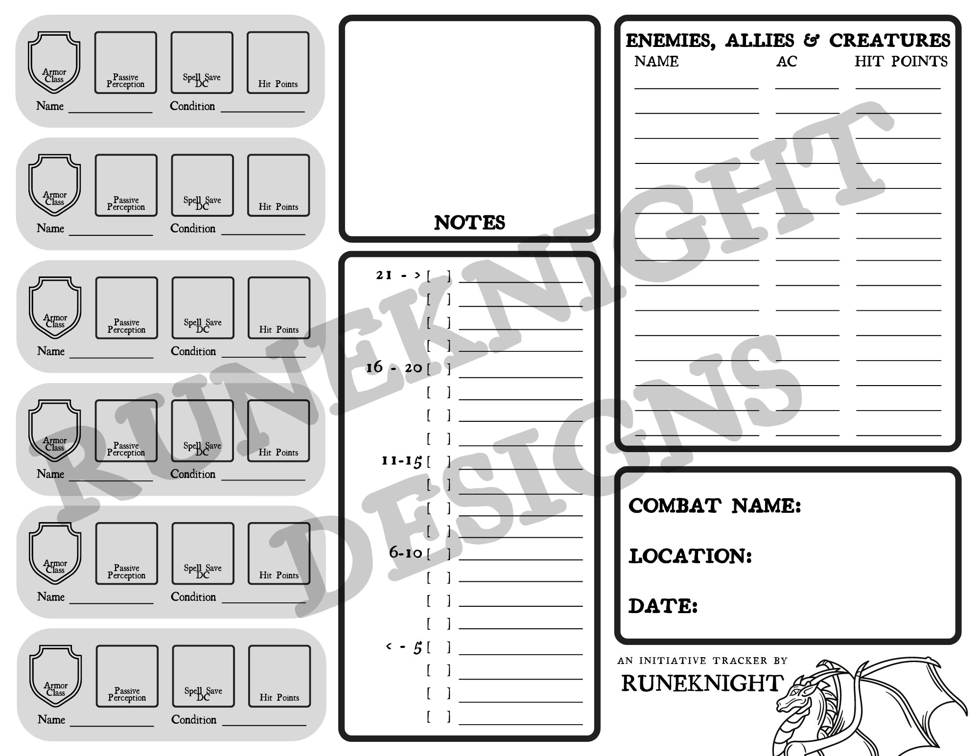 Printable Dnd 5e Initiative Tracker Dungeons Dragons Etsy