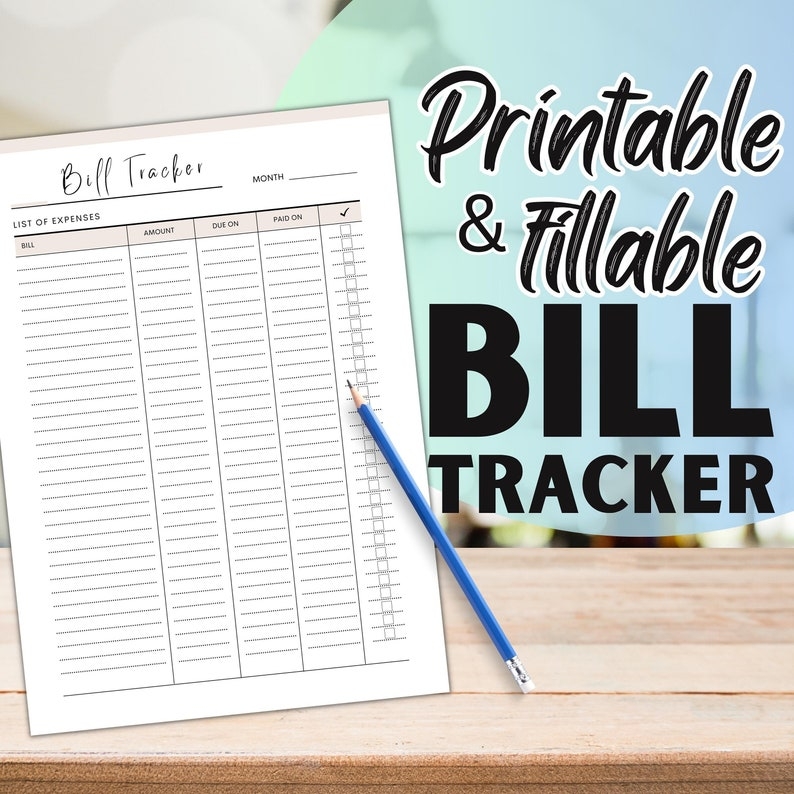 Printable Fillable Multicolor Monthly Bill Tracker Bill Organizer 