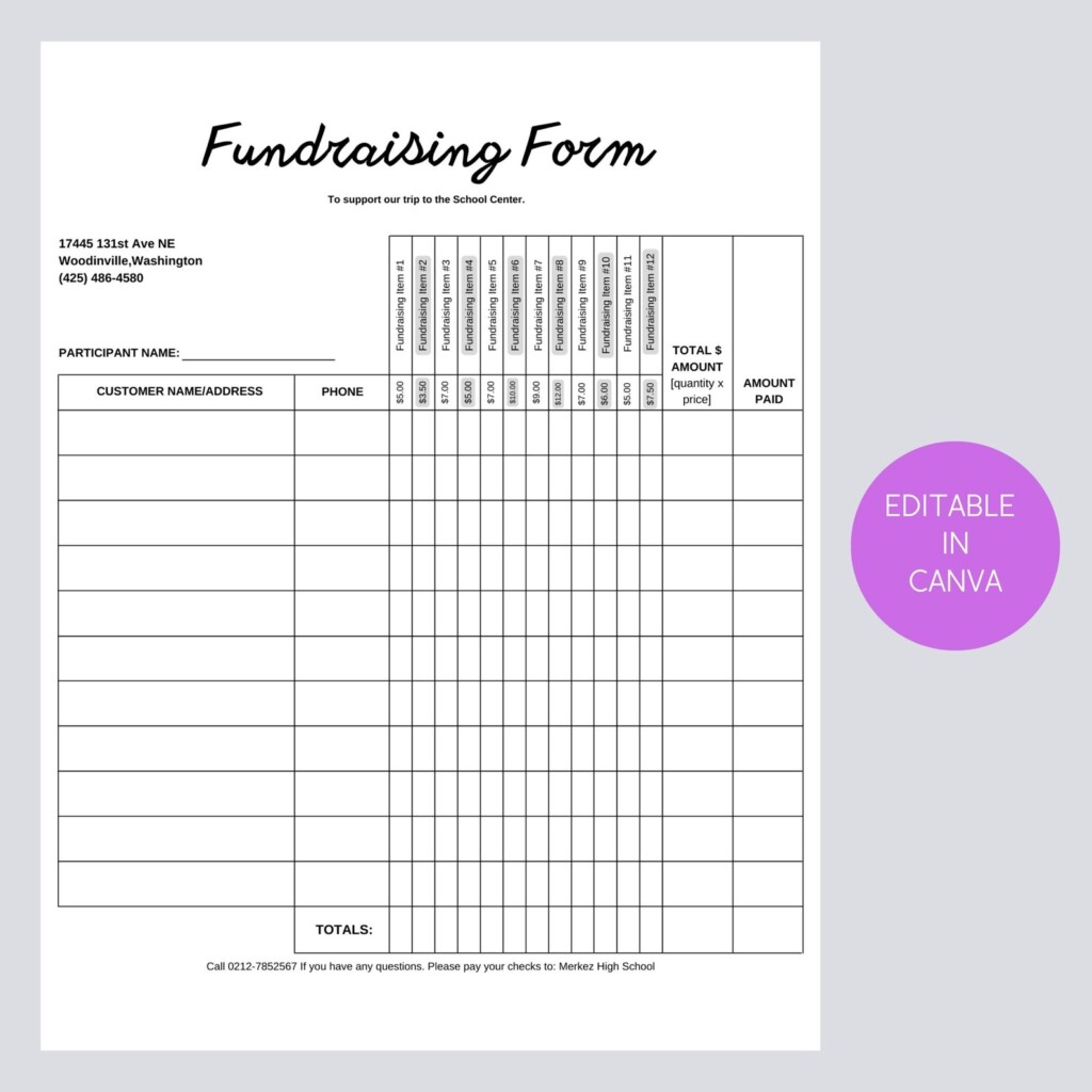 Printable Fundraising Form Order Tracking Page Canva Template 12 Item 