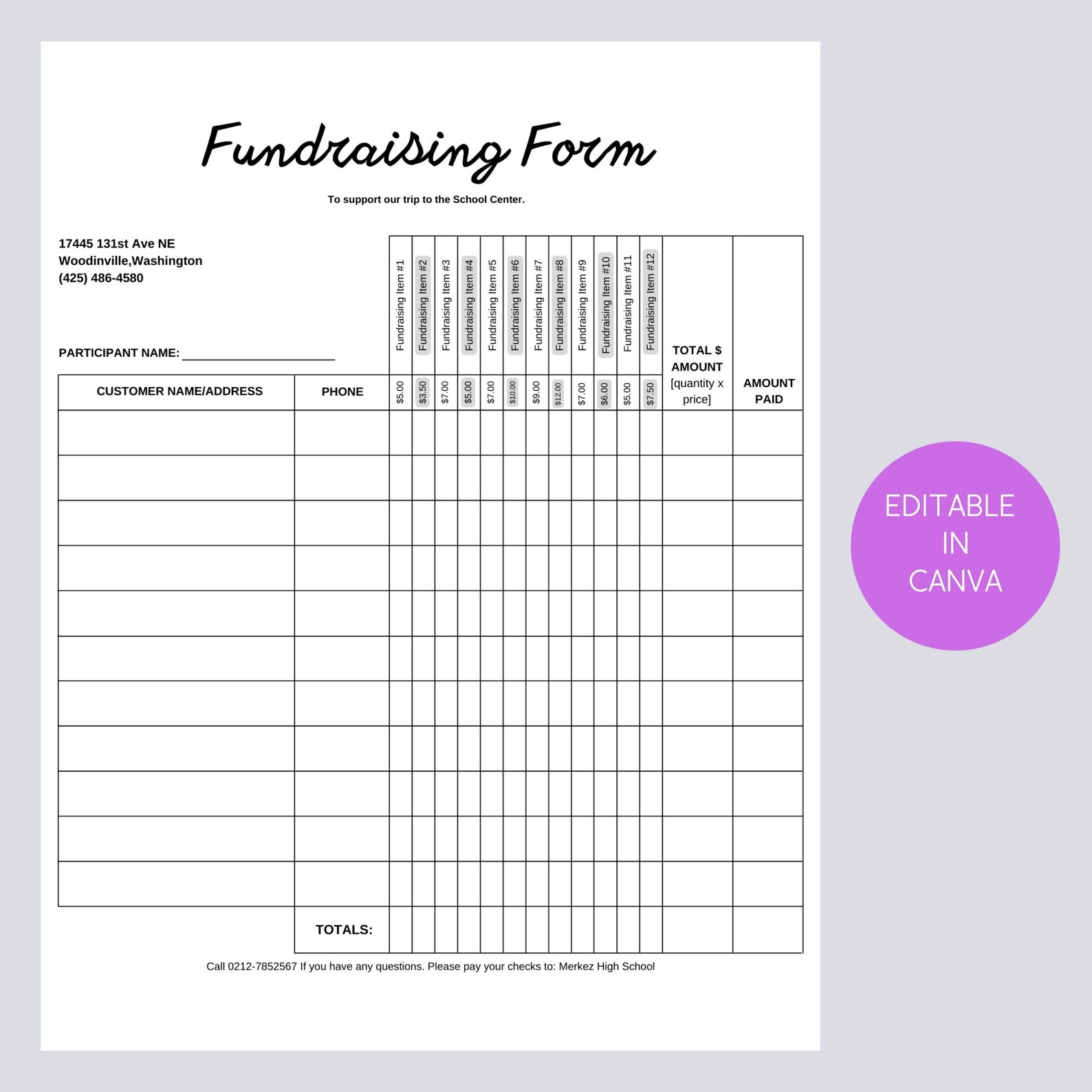 Printable Fundraising Form Order Tracking Page Canva Template 12 Item