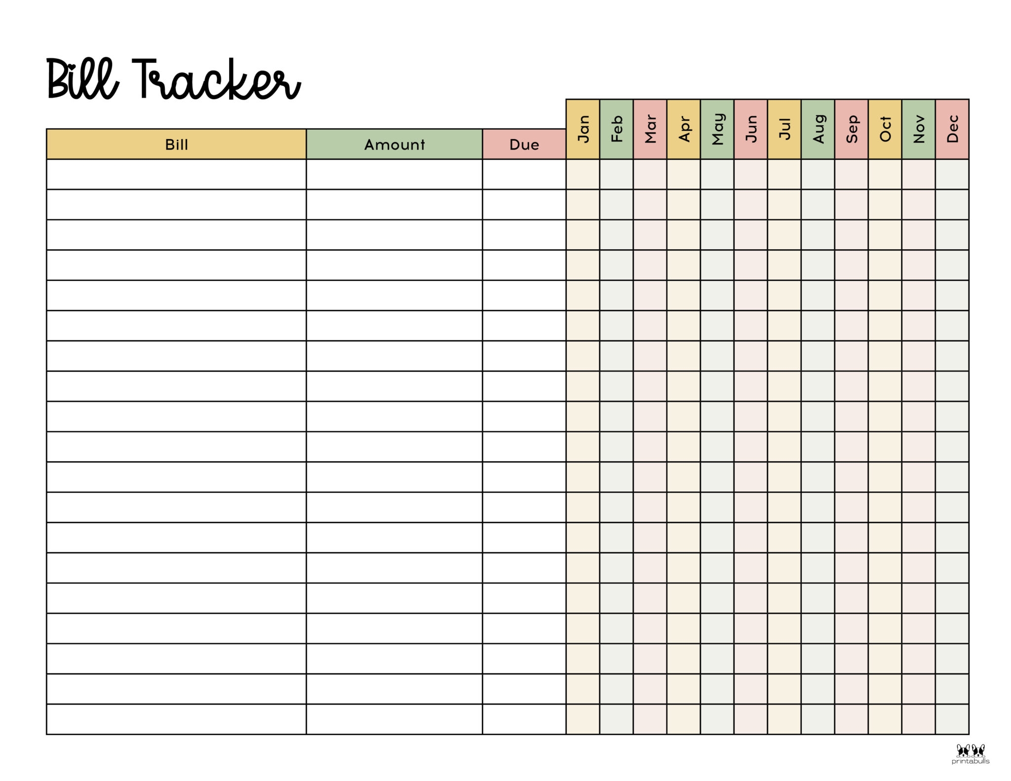 Printable Monthly Bill Organizer