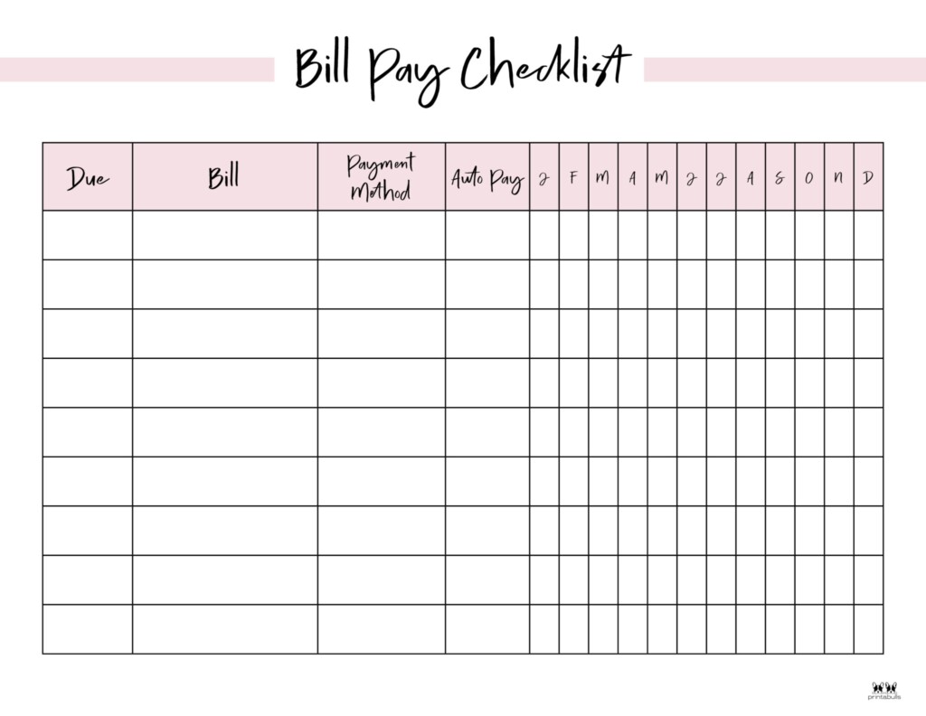 Printable Monthly Bill Organizer Template