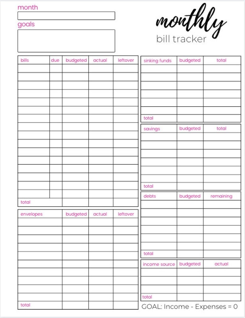 Printable Monthly Bill Tracker