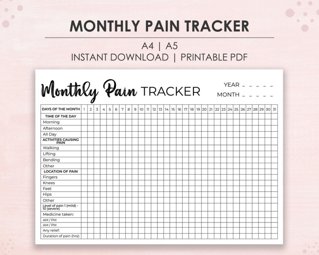 Printable Monthly Pain Tracker For Bullet Journal Track Daily Pain A4 