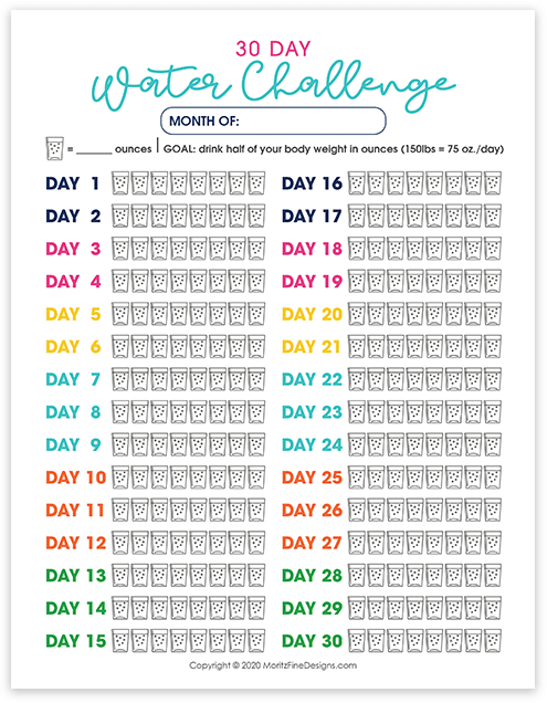 Printable Water Tracker 30 Day Challenge