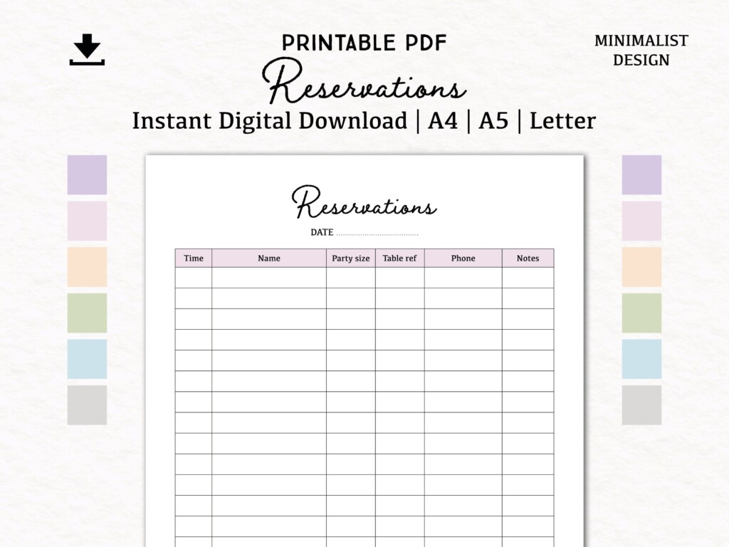 Reservations List Digital Download PDF Printable A4 A5 Letter Table 