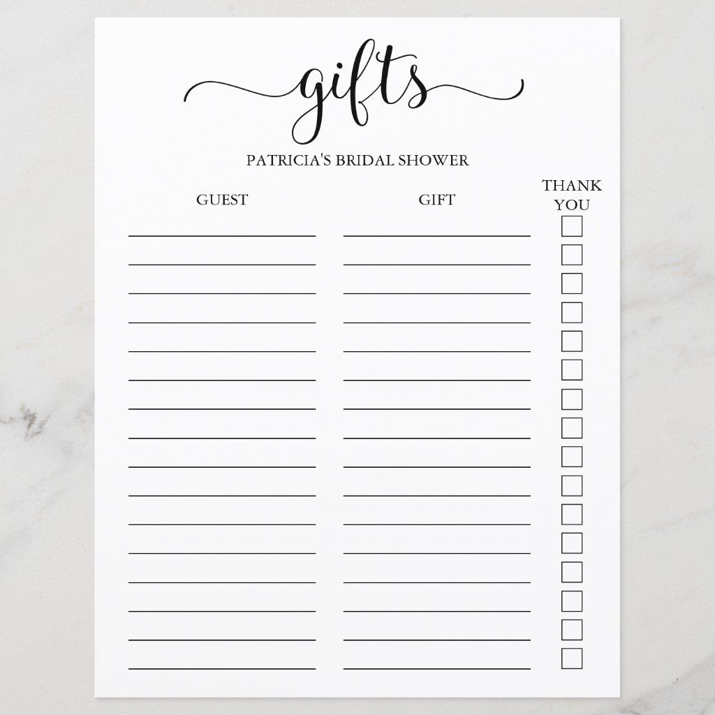 Simple Script Guest List Log Tracker Zazzle Bridal Shower Gift List 