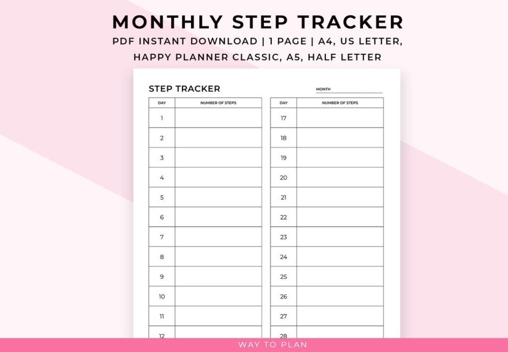 Step Tracker Printable 30 Day Step Challenge Template Walking Tracker 
