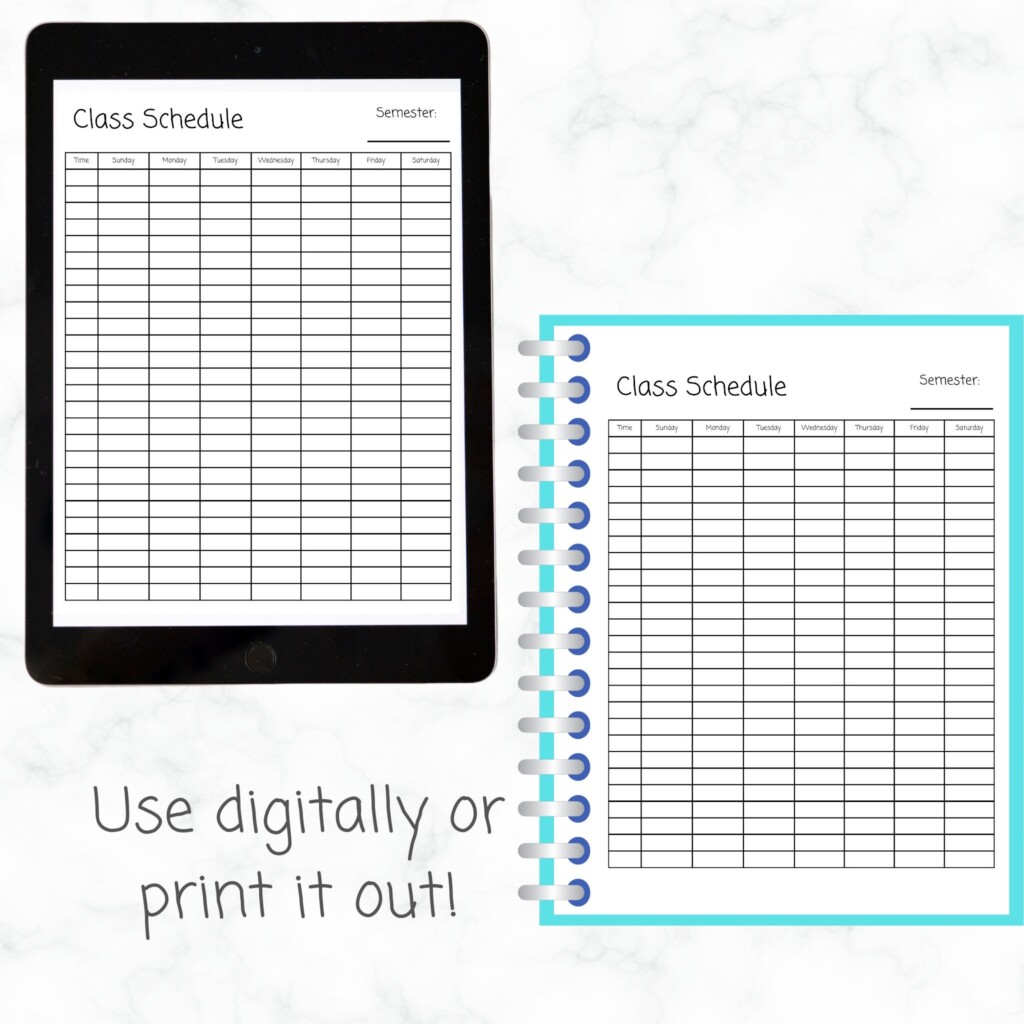 Weekly Class Schedule Printable College Classes Semester Tracker 