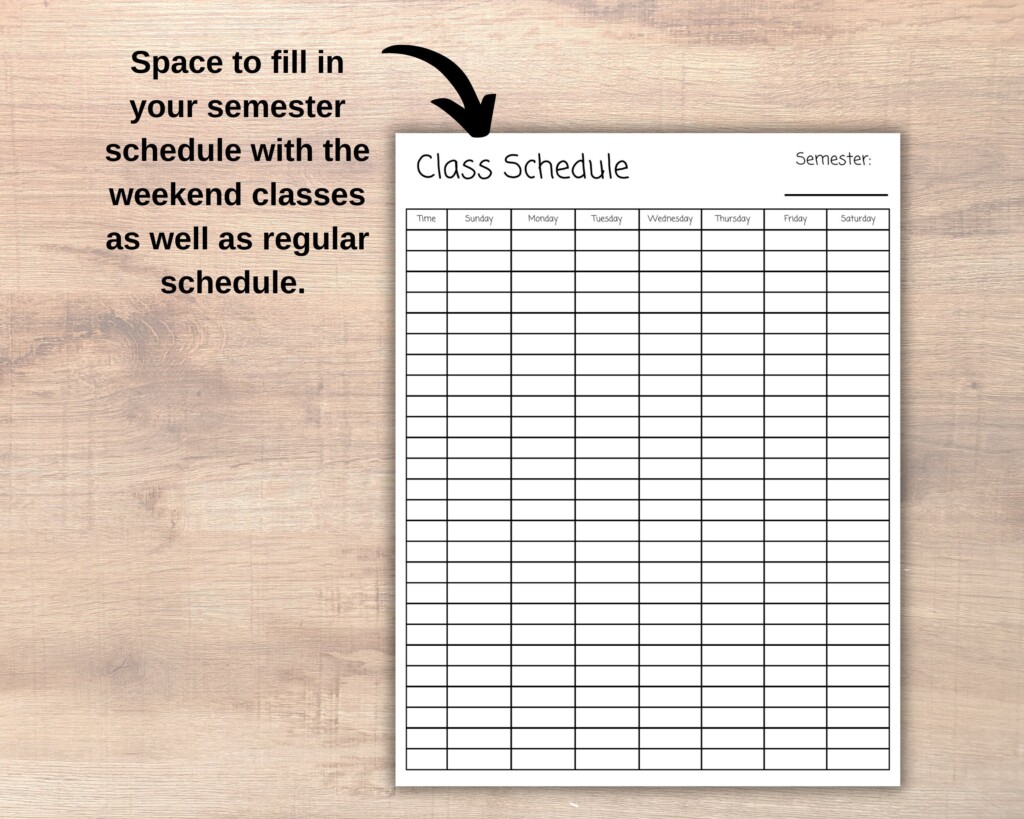 Weekly Class Schedule Printable College Classes Semester Tracker 
