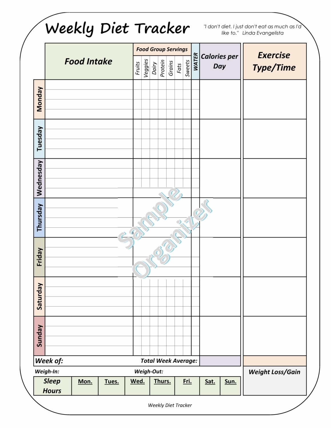 Weekly Diet Tracker Printable Weight Loss Planner Weekly