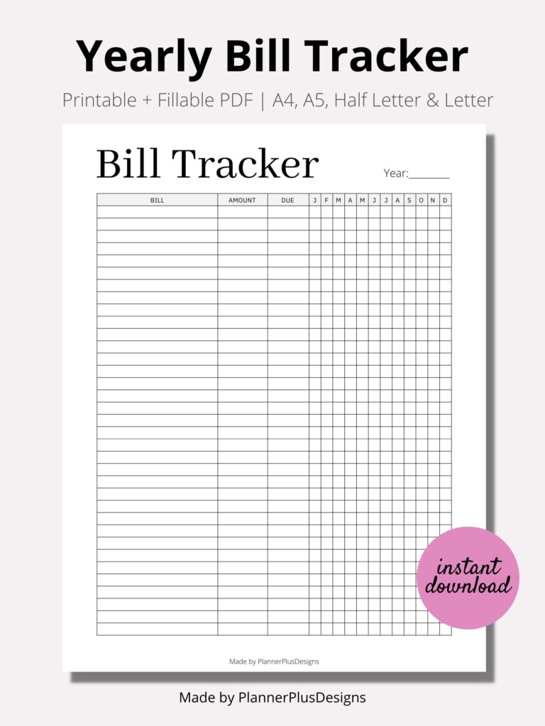Yearly Bill Payment Tracker Printable Bill Log Planner Bill Payment 