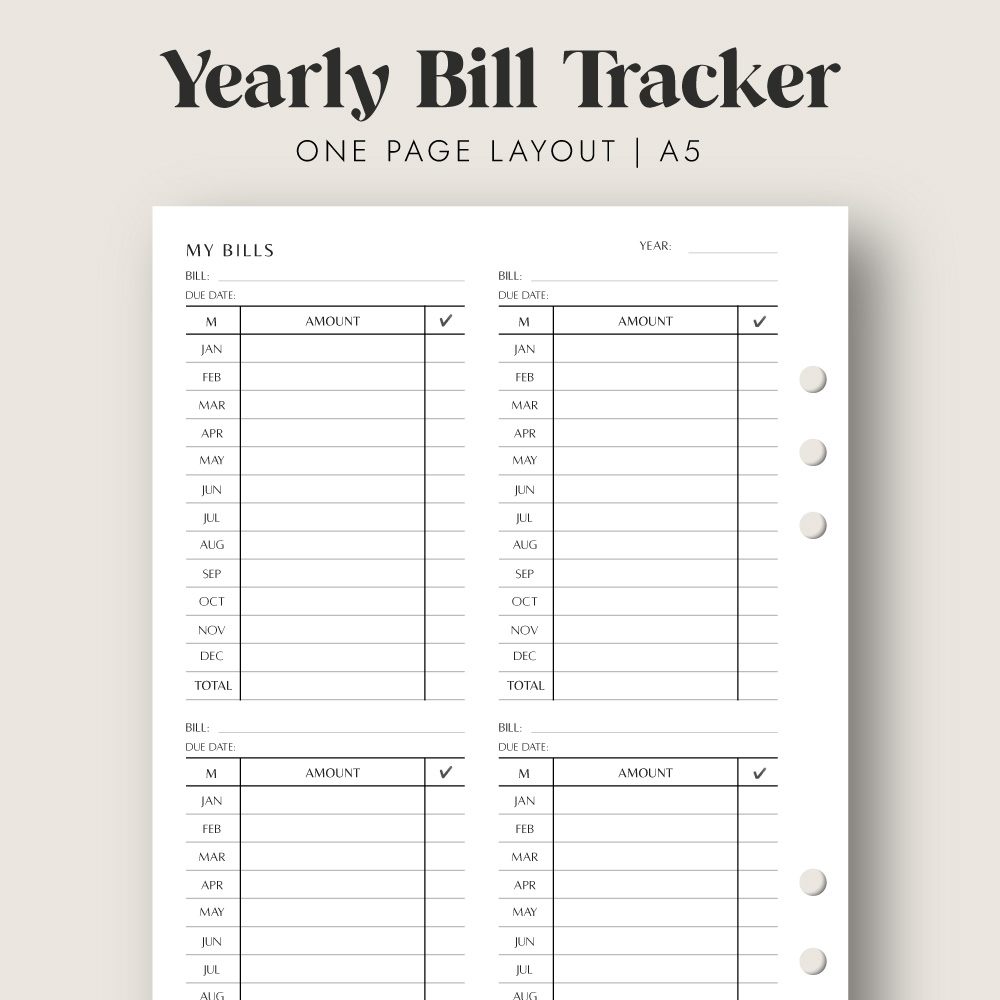 Yearly Bill Tracker Printable A5 Size Designwall Studio