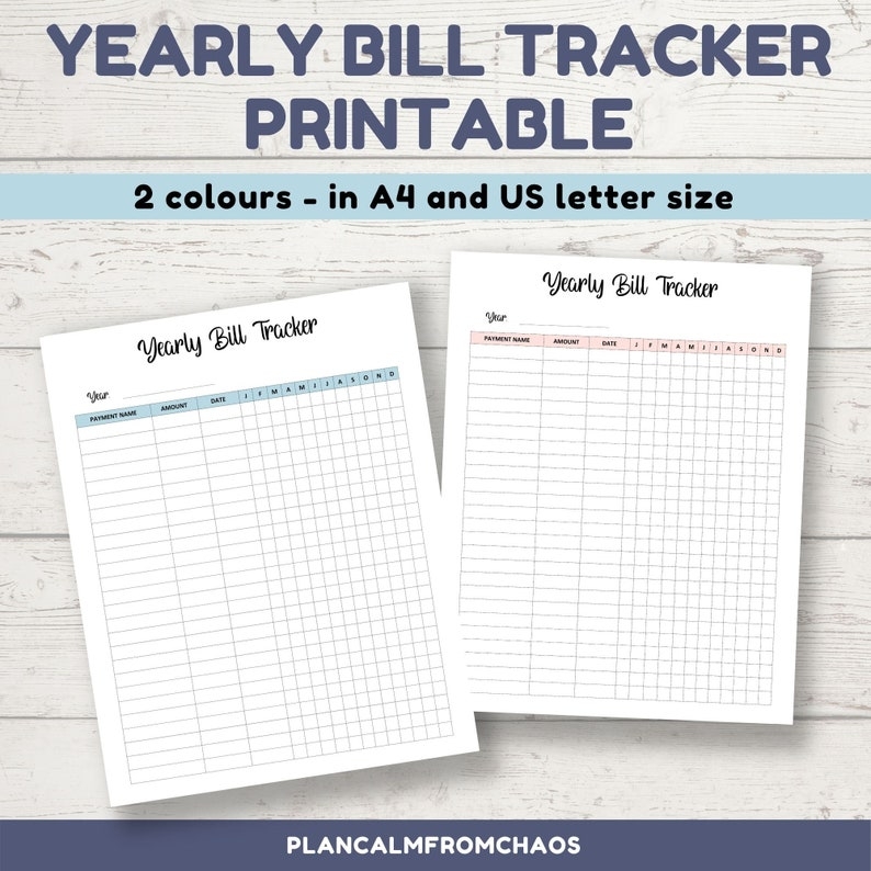 Yearly Bill Tracker Printable DIGITAL DOWNLOAD Track All Your Yearly 