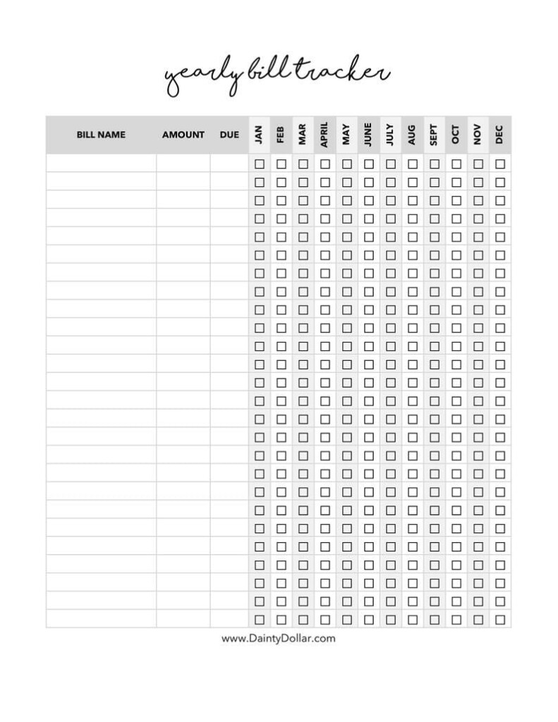 Yearly Bill Tracker Printable Insert Budget Planner Personal Finance 