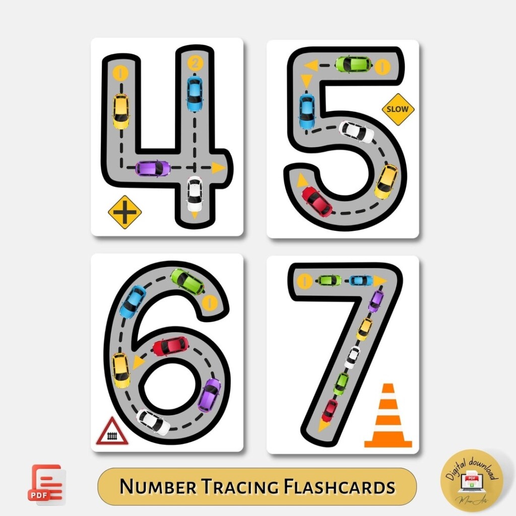 Zoom Trace Car themed Number Tracing Flashcards For Kids PRINTABLE 