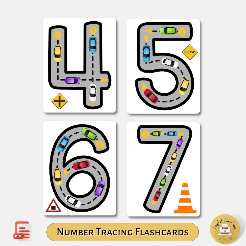 Zoom Trace Car themed Number Tracing Flashcards For Kids PRINTABLE 