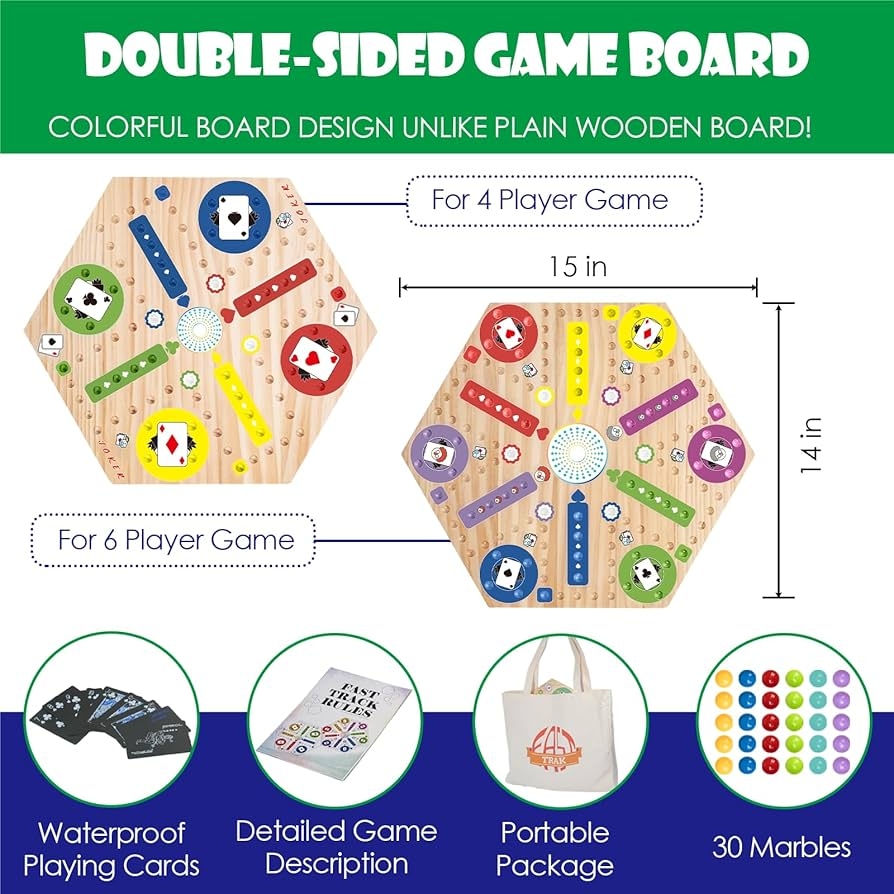 Amazon Fast Track Marble Board Game Wahoo Board Game Double Sided Painted Fast Track Board Games For 6 And 4 Players Includes 6 Colors 30 Marbles 1 Deck Of PVC Playing Cards 