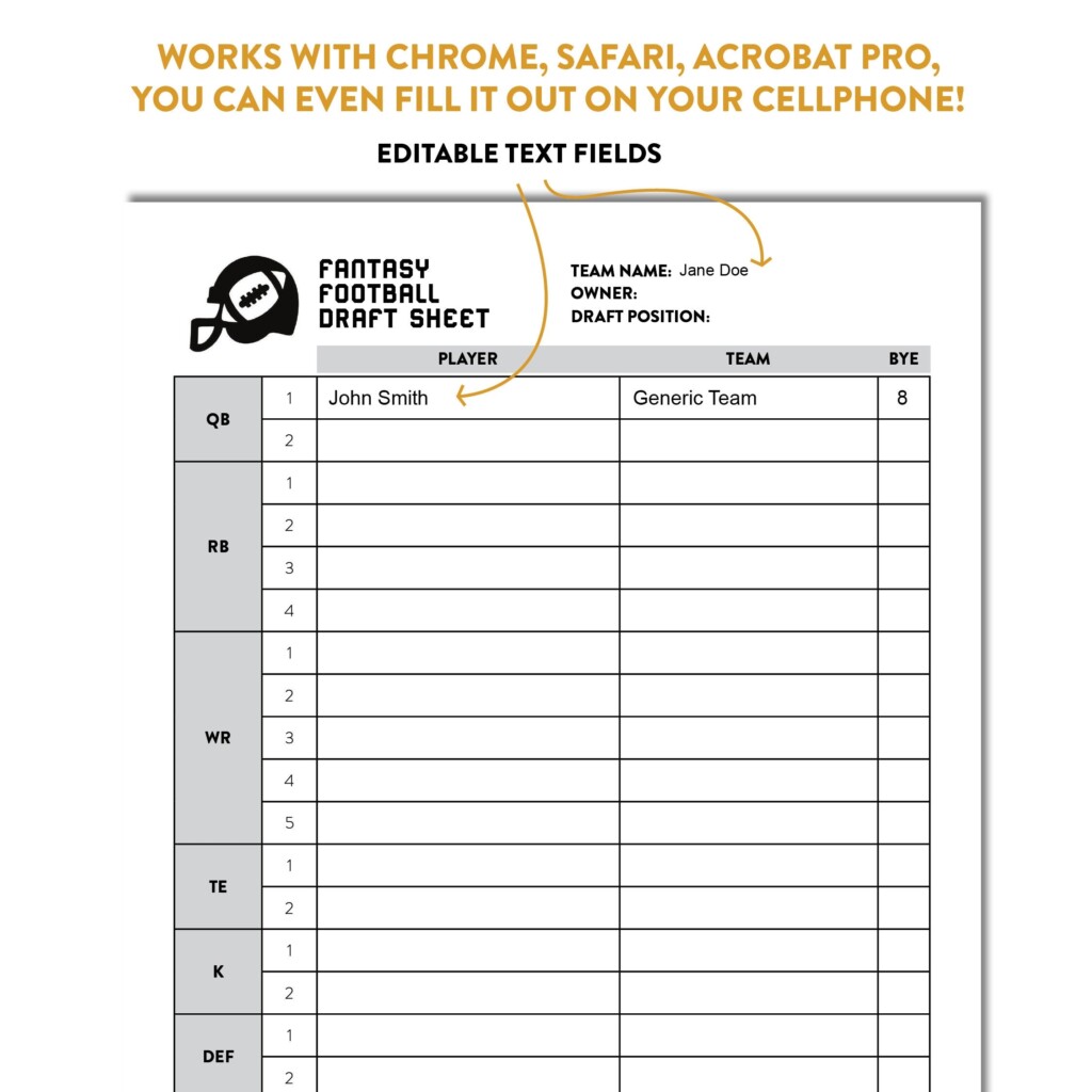 Fantasy Football Interactive Draft Sheet Tracking Sheet Team Roster Fantasy Football Printable Digital Etsy