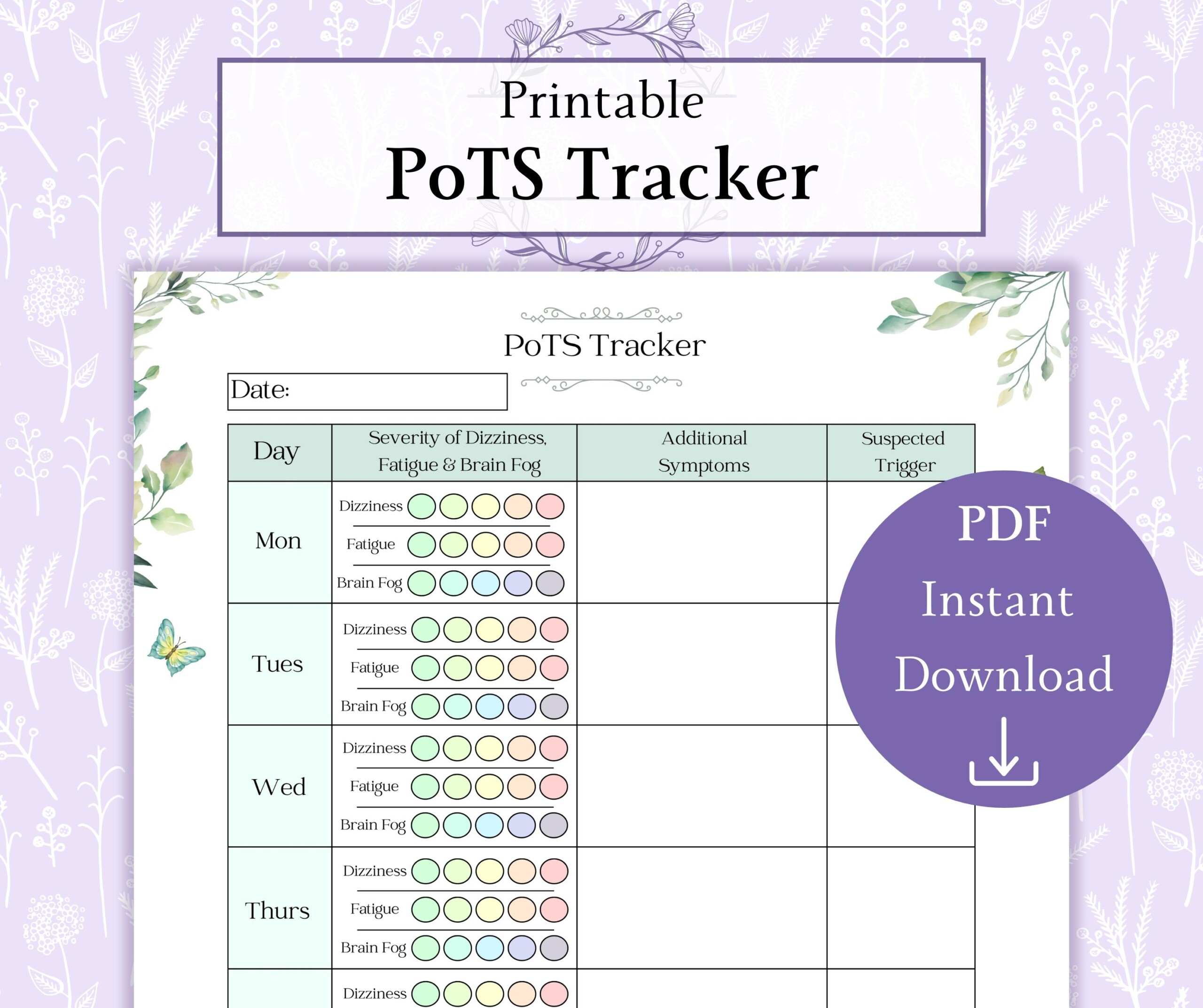 Pots Syndrome Tracker Printable PDF Symptom Journal Medical Tracker Pots Tracker Fatigue Tracker Etsy