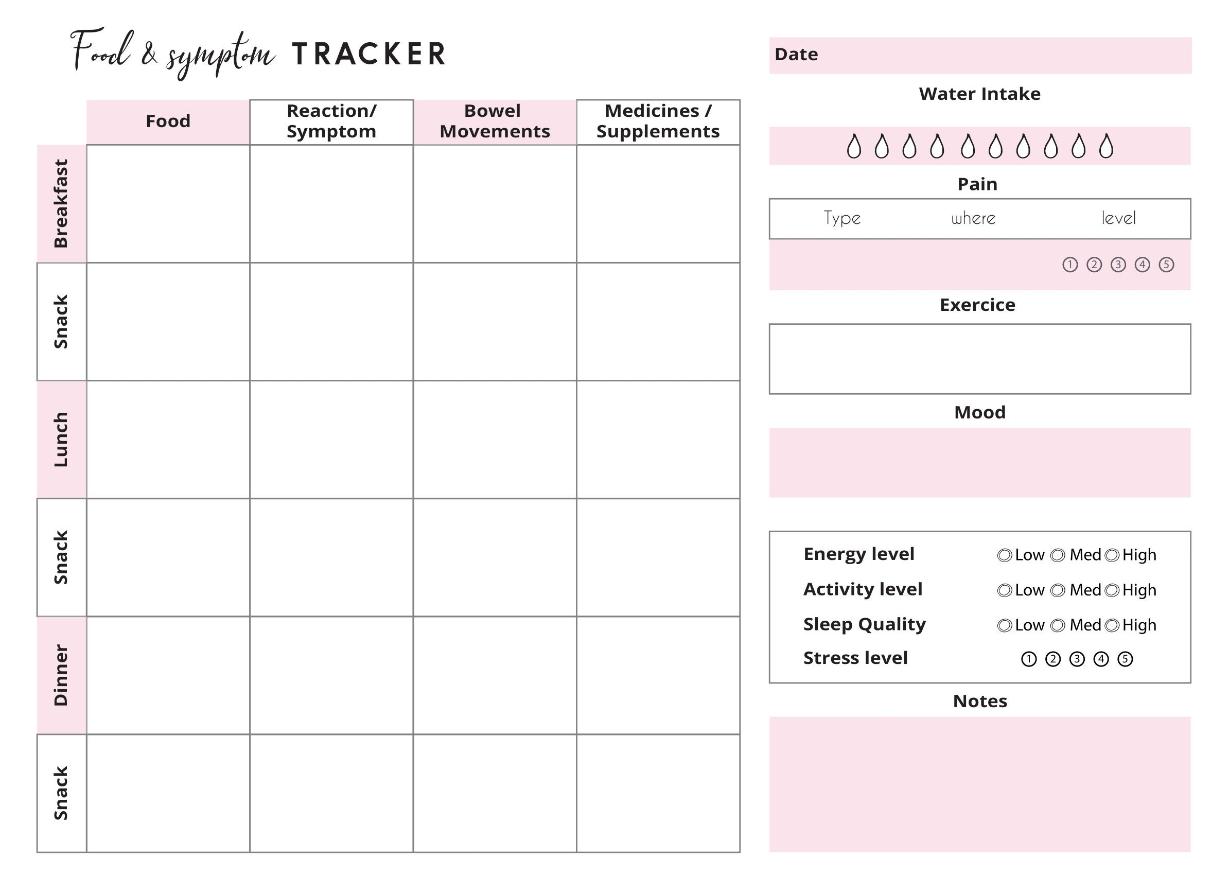 Printable Food Symptom Tracker IBS Symptom Tracker Food Diary Daily Symptom Journal Bowel Move Allergy Etsy