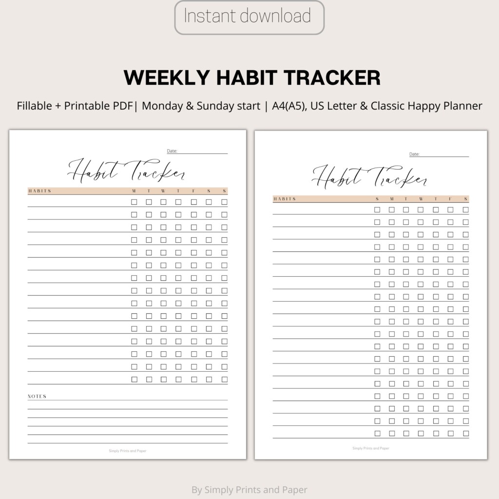 Weekly Habit Tracker Printable Fillable PDF Template monday Sunday Start Etsy